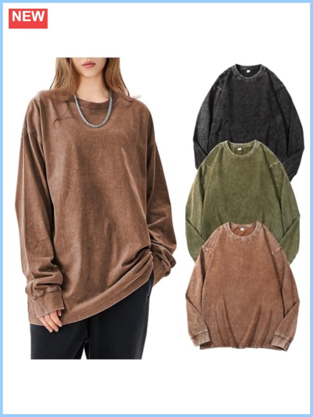 Acid Wash Oversized Long Sleeve T-Shirt for Women Crew Neck Cotton Baggy